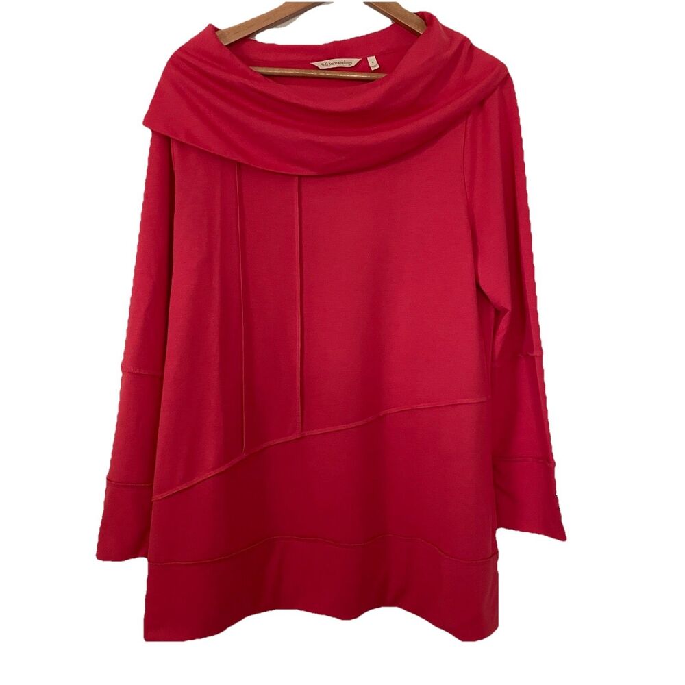 Soft Surroundings L Coral Pink Red Cowl Neck Seam Tunic Top Lagenlook Coastal
